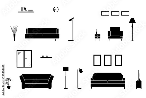 Luxury home interior black and white set. Empty living room silhouette