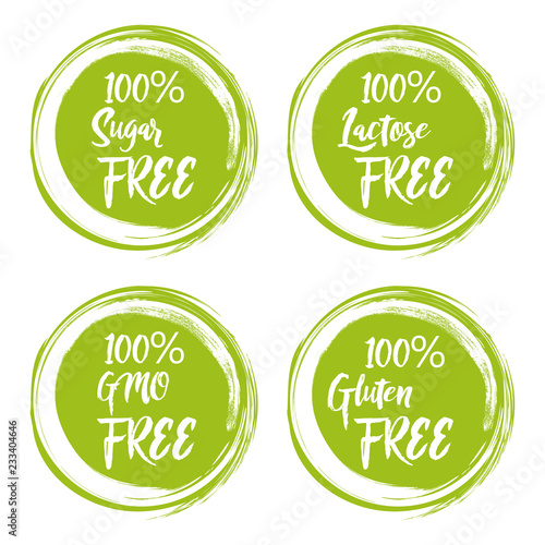 Set of round green labels with text - lactose free, sugar free, gluten free, gmo free