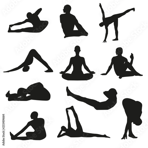 Set of detailed yoga poses and postures silhouettes. Vector illustration