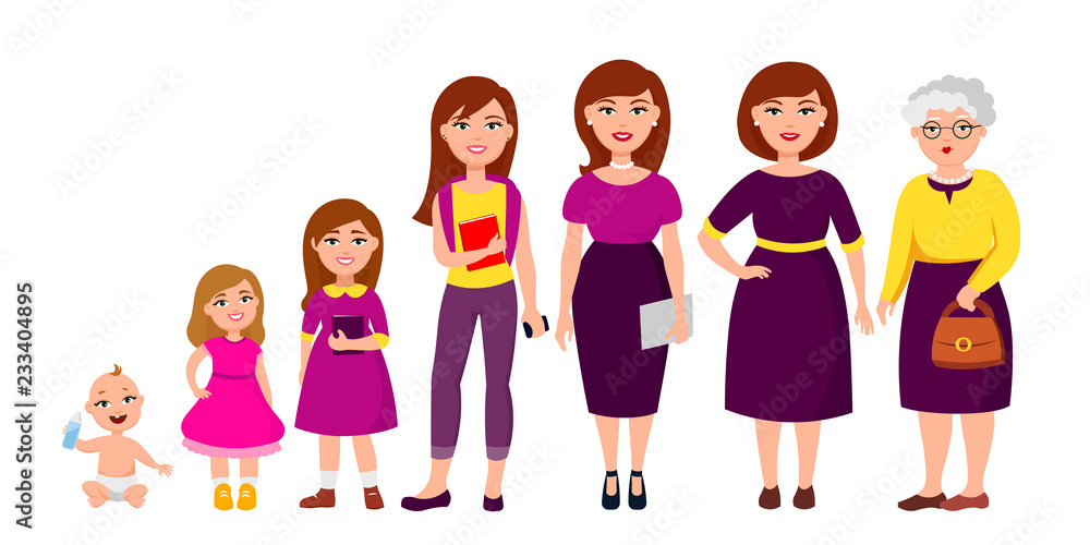 Life cycle of woman from childhood to old age vector flat illustration. Cheerful cute cartoon characters isolated on white background for infographic design and web graphic. Life cycle of woman from childhood to old age vector flat illustration. Cheerful cute cartoon characters isolated on white background for infographic design and web graphic.