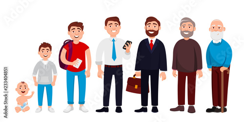 Life cycle of man from childhood to old age vector flat illustration. Cheerful cute cartoon characters isolated on white background for infographic design and web graphic.