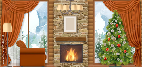 Luxury home interior with a fireplace and mountain view through the window.  Chalet or house in mountains. Vector illustration of a winter vacation.