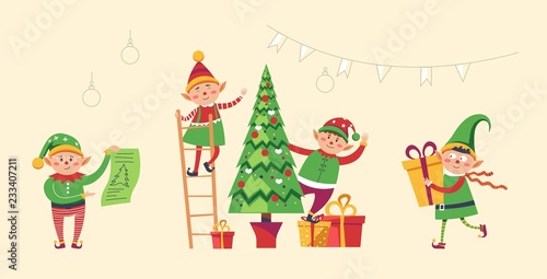 Elves preparing Christmas pine evergreen tree for winter holiday vector.