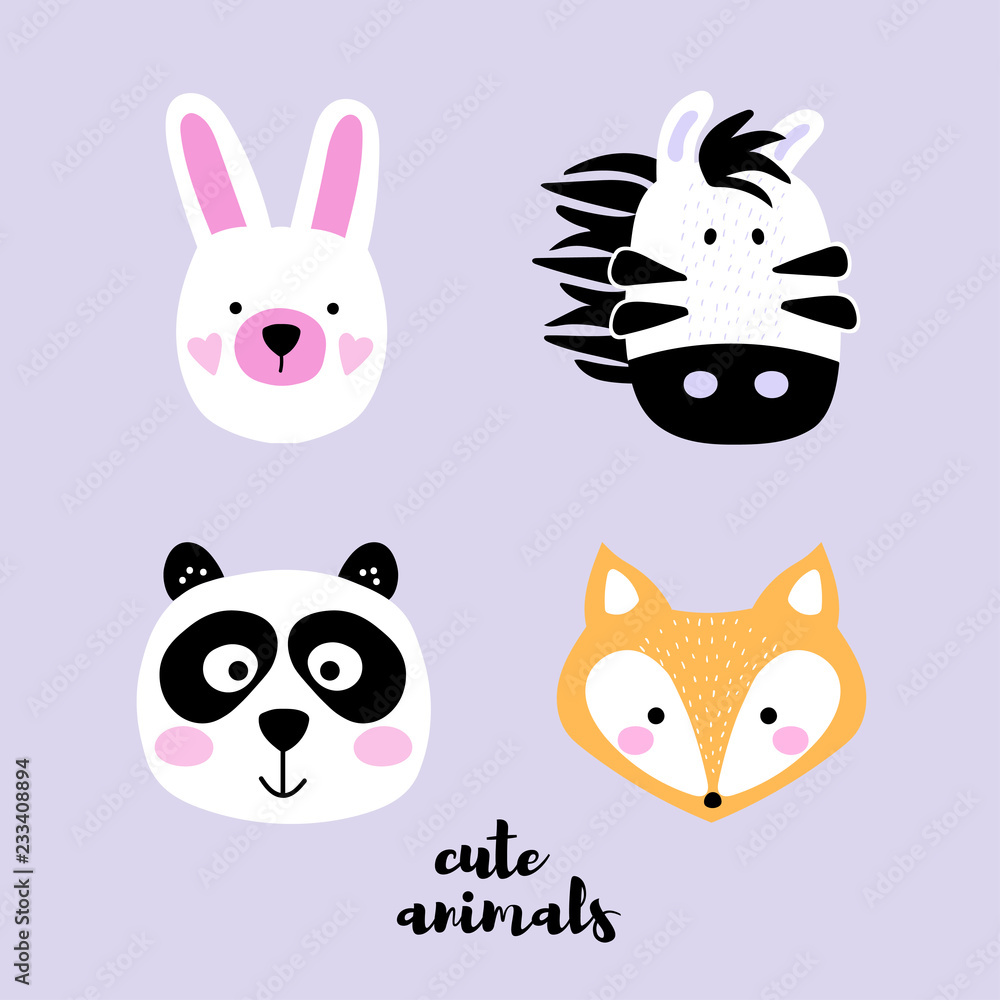 Set of cute animal faces. Bunny, zebra, panda, fox. Creative cartoon print for baby card, invitation, nursery, apparel and textile. Vector Illustration. Set of cute animal faces. Bunny, zebra, panda, fox. Creative cartoon print for baby card, invitation, nursery, apparel and textile. Vector Illustration.