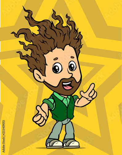 Cartoon standing long haired bearded boy character