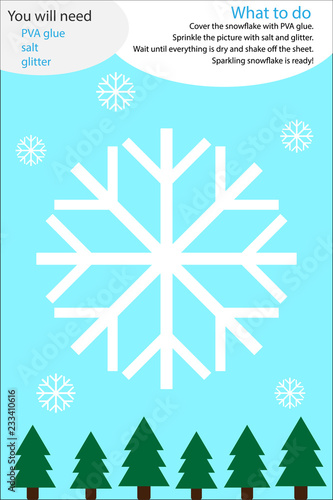 Christmas winter craft activity, snowflake cartoon, education game for development of preschool children, use glue, glitter and salt to create the applique, art worksheet for kids, vector illustration