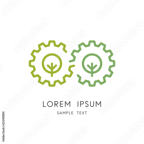 Tree and gear wheel logo - couple of pinions with plants and infinity nature symbol. Ecology, environment, industry and green power vector icon.