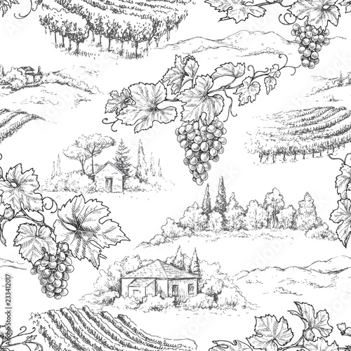 Seamless Pattern with Grapes and Rural Scene