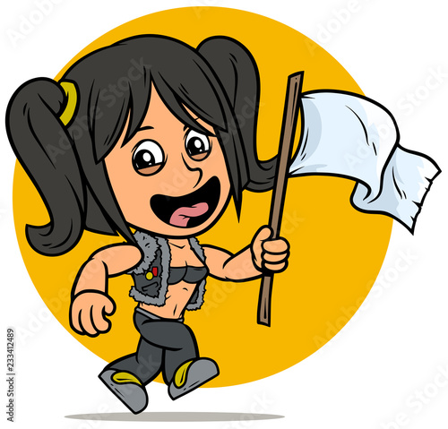 Cartoon smiling girl character with white flag