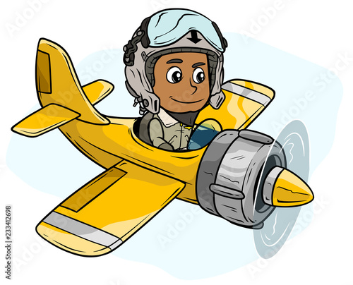 Cartoon pilot boy character in retro airplane