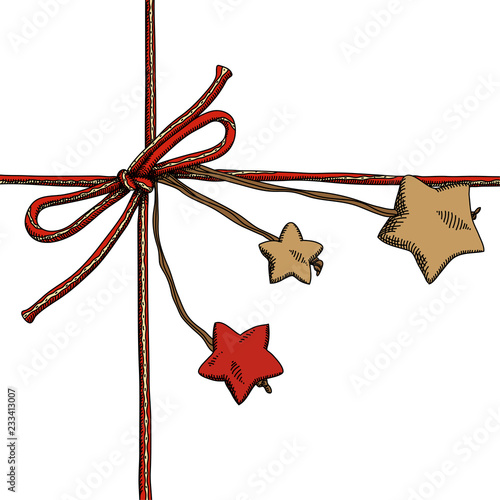 Holiday bow with stars. Freehand drawing. Design element for  Christmas background, banner or card.