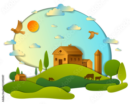 Scenic landscape of farm buildings among meadows trees and birds in the sky, vector illustration of summer time relaxing nature in paper cut style. Countryside beautiful ranch.