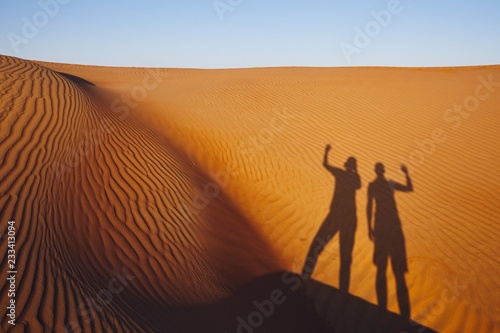 Shadows of two friends on sand dune