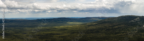 Forest Landscape With Hills And Clouds. Panorama HD. National Park "Taganay", Ural Mountains, Russian Federation.