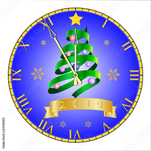 Christmas card, banner in the form of a gold watch with a dial with a Christmas tree, snowflakes and Roman numerals on a black background.