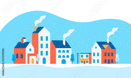 Minimal winter cityscape. Snowy street in small city with buildings and houses, trees. Modern concept vector illustration. © Olga