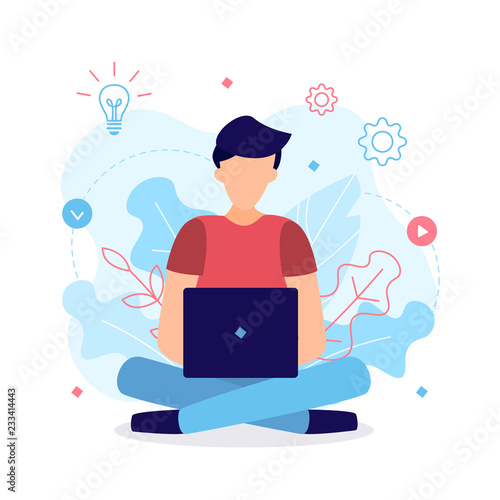 The man works at the laptop in the lotus position. The process of working on the project. Web development concept. Flat vector illustration.