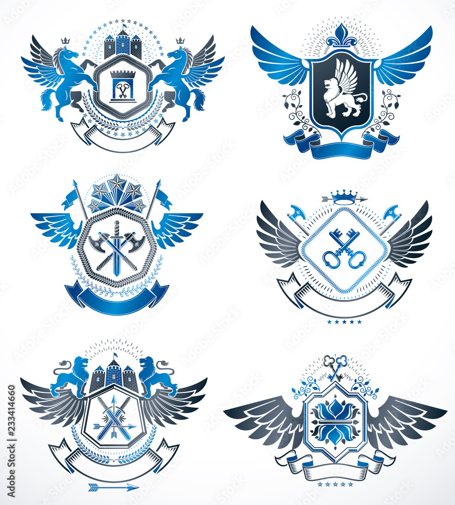 Fototapeta premium Heraldic Coat of Arms created with vintage vector elements, bird wings, animals, towers, crowns and stars. Classy symbolic emblems collection, vector set.