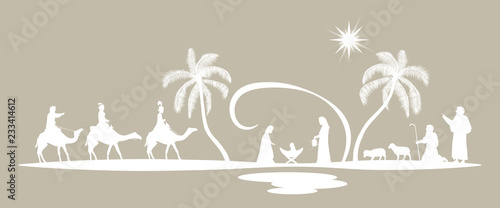 Christmas time. Nativity scene with Mary, Joseph, baby Jesus, shepherds and three kings.