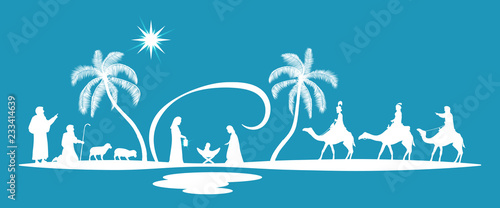 Christmas time. Nativity scene with Mary, Joseph, baby Jesus, shepherds and three kings.