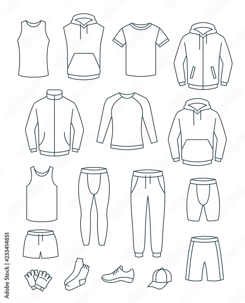 Outline men casual clothes for fitness training. Basic garments for gym  workout. Vector thin line icons. Outfit for active man. Sport style linear  male shirts, pants, jackets, tops, bottoms, shorts Stock-Vektorgrafik