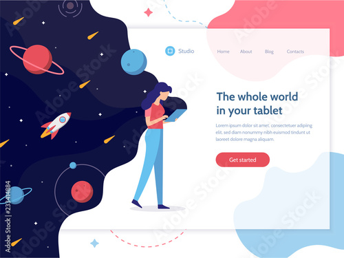 The whole world in your tablet. Girl holding a device in which space. Web development. Landing design template. Flat vector illustration.  
