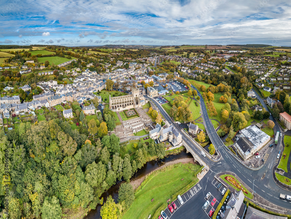 Aerial view of Jedburgh in autumn with the ruins of Jedburgh Abbey in Scotland