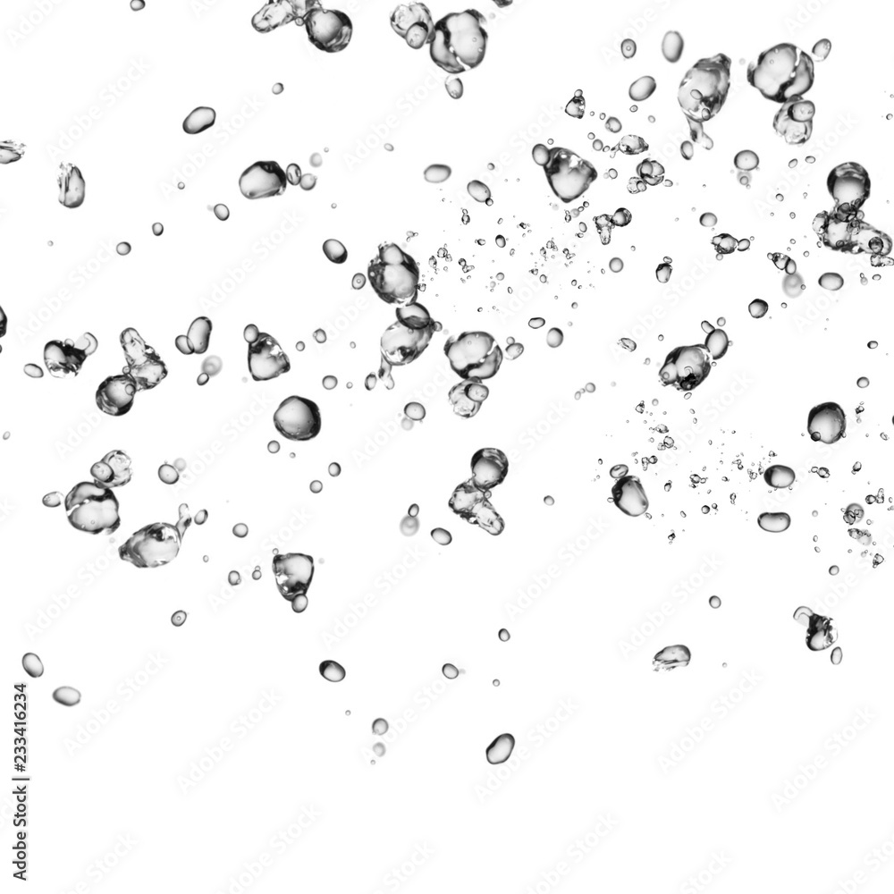 Isolated black water bubbles on white background. Rain water drops. Underwater oxygen. 