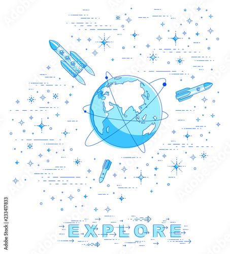 Earth in space, our planet in huge cosmos surrounded by rockets, asteroids and stars. Cartoon science universe. Thin line 3d vector illustration isolated on white.