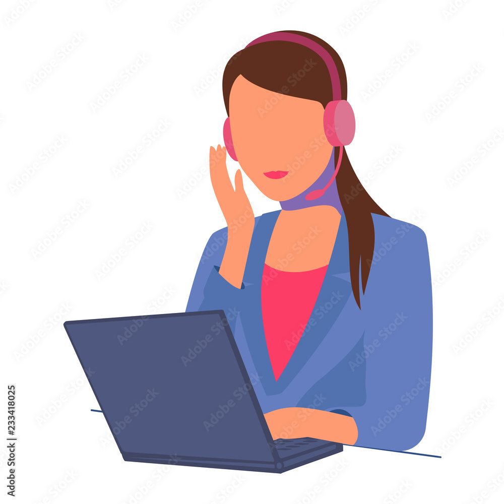Vector secretary girl with laptop headphones Vector secretary girl with laptop headphones