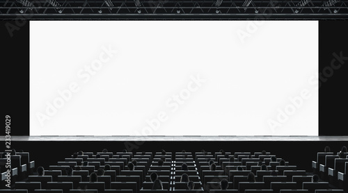 Cinema hall with auditorium watching movie on blank screen mockup photo