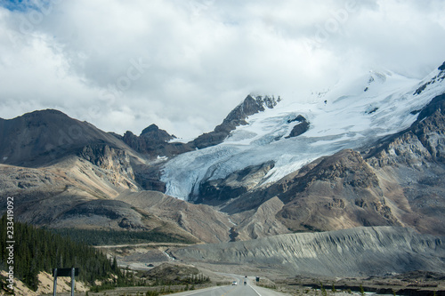 Columbia Icefield and Athabasca Glacier from the Icefields Parkway in Banff National park Alberta Canada