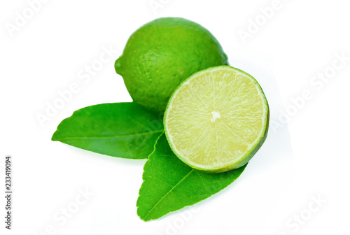 Lime slice and leaf isolated on white background with clipping path