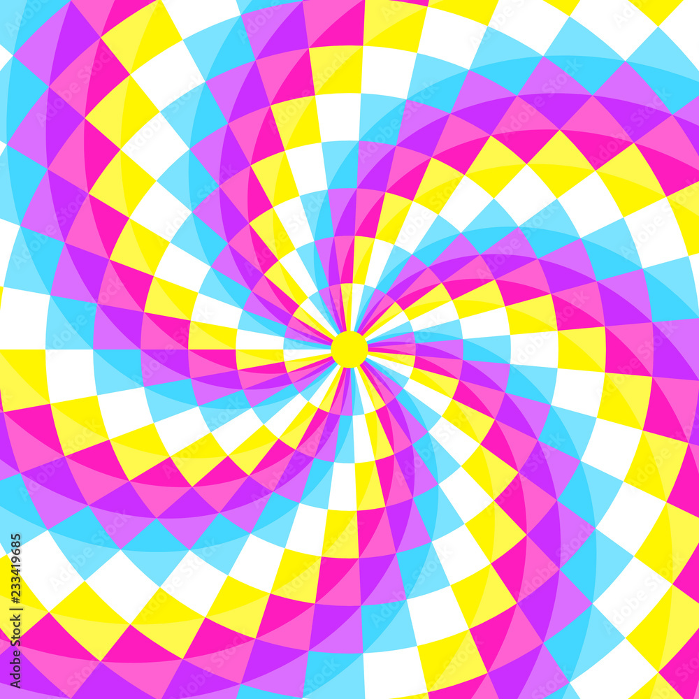 Abstract geometic background, festive pattern with different shapes in spiral, hypnotizing circle. Abstract geometic background, festive pattern with different shapes in spiral, hypnotizing circle.