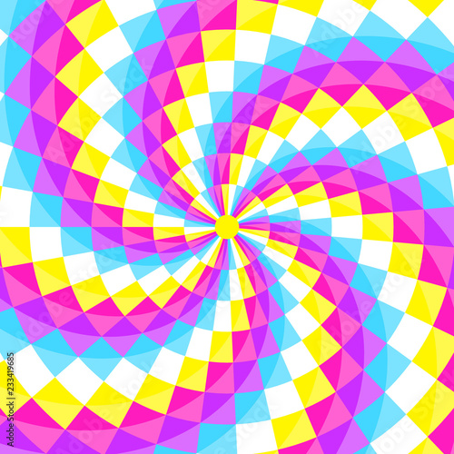 Abstract geometic background, festive pattern with different shapes in spiral, hypnotizing circle.