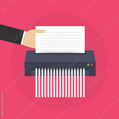 7478518 Contract failure agreement cancelation broken paper shredder company business no deal. Vector illustration.