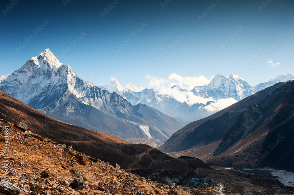 View of Mount Ama Dablam and Mount Kangtega in Himalayas, Nepal. Everest Base Camp trek, Sagarmatha national park