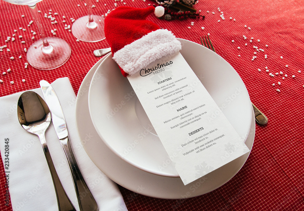 Menu on Christmas Themed Table Mockup Stock Template | Adobe Stock