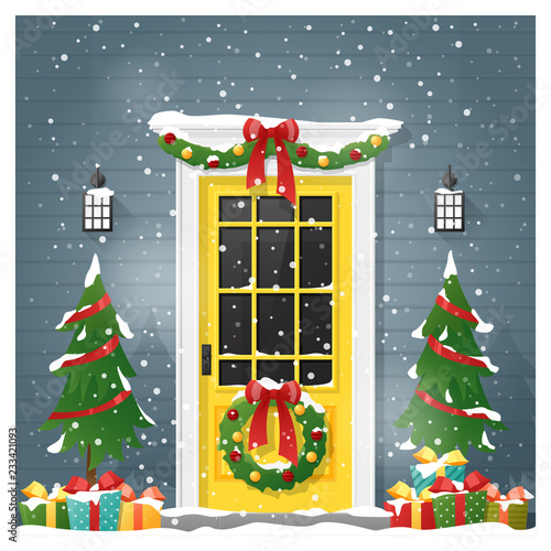 Merry Christmas and Happy New Year background with decorated Christmas front door , vector , illustration