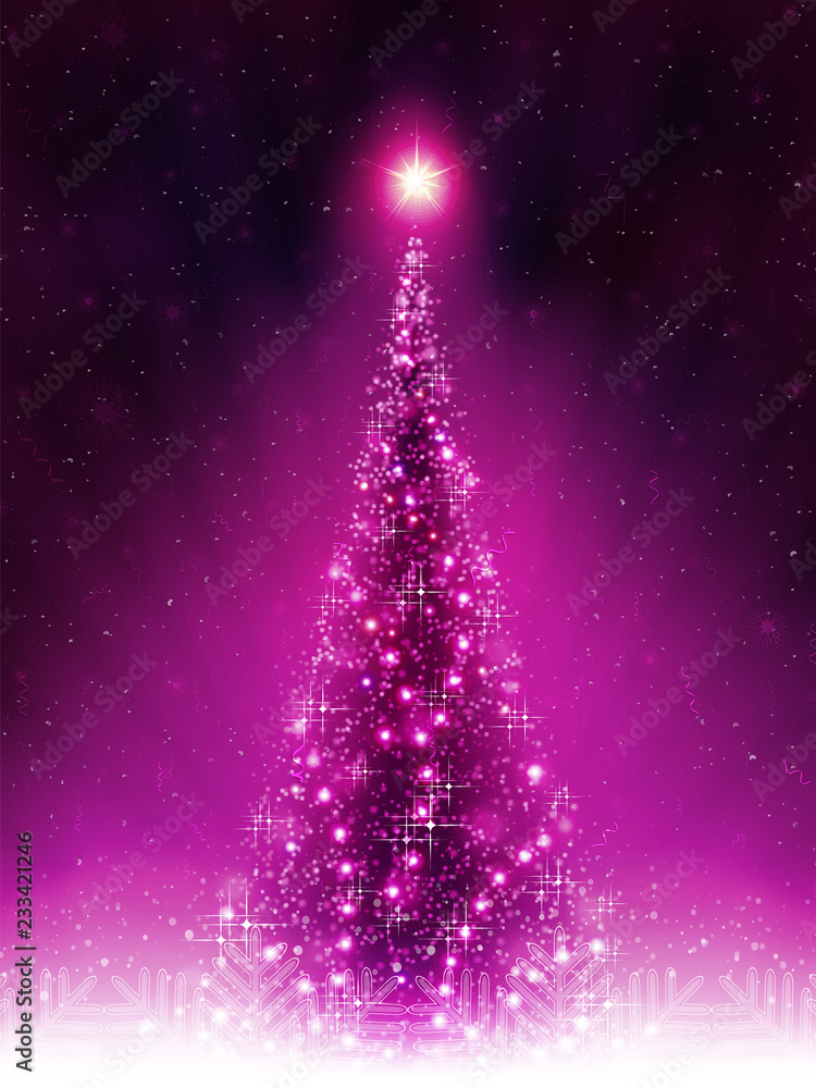 Christmas dark pink card with shiny Christmas tree.