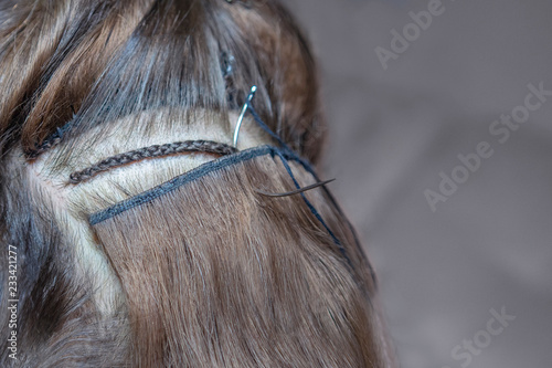 The hairdresser does hair extensions to a young girl, a blonde in a beauty salon. Professional hair care.