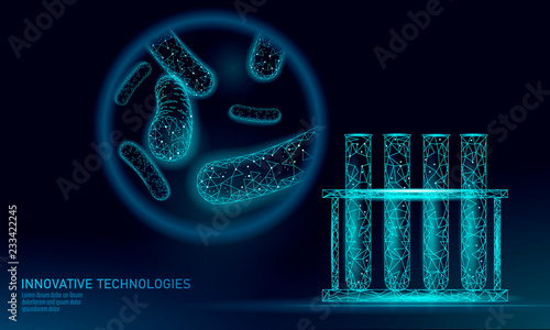 Test tube bacteria 3D low poly render probiotics. Laboratory analysis microorganism. Healthy flora of human body. Modern science technology medicine allergy immunity thearment vector illustration