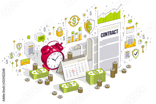 Deadline concept, table Alarm Clock and Calendar with cash money stacks isolated on white background. Vector 3d isometric business illustration with icons, stats charts and design elements.