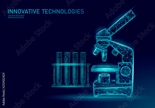 Microscope bacteria 3D low poly render probiotics. Laboratory analysis microorganism. Healthy flora of human body. Modern science technology medicine allergy immunity thearment vector illustration