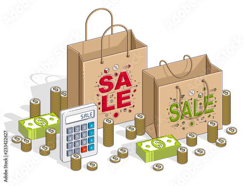 Big Sale concept, Retail, Sellout, Shopping Bag with cash money stacks and calculator isolated on white background. Vector 3d isometric business and finance illustration, thin line design.