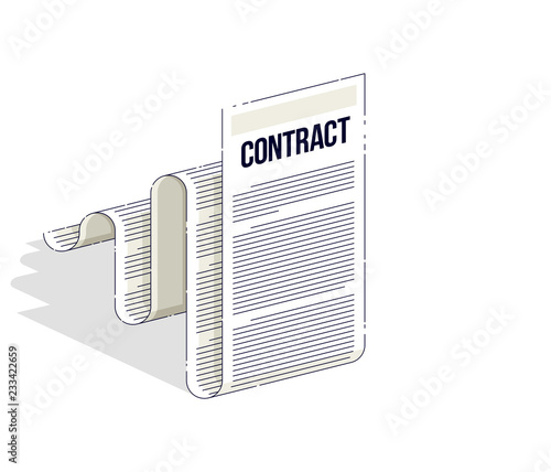 Contract paper page sheet isolated on white background. Isometric vector business and finance illustration, 3d thin line design.