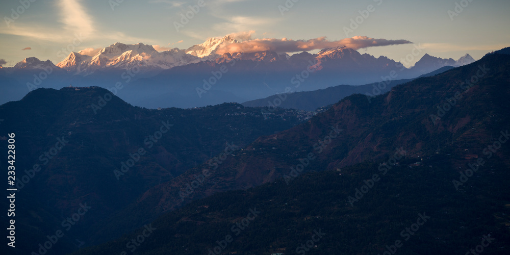 Scenic view of tea garden with mountain range in the background, Peshok Tea Garden, Darjeeling, West Bengal, India