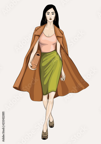 Walking woman in brown trench coat, wearing green (pepper stem) skirt, nude pink top, clutch and shoes (wedge) with leopard print on. Fashion vector illustration.