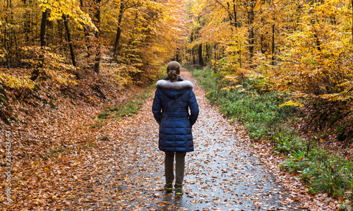 Young women walking alone in a colorful autumn forest.