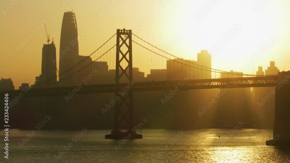 Aerial Bay bridge sunset view buildings San Francisco Aerial Bay bridge sunset view buildings San Francisco
